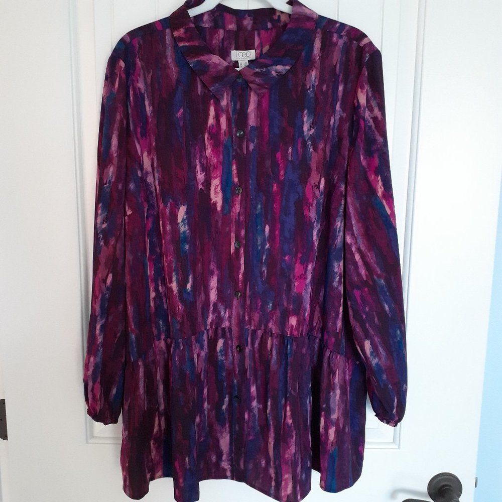 NEW LOGO Stretch Woven Button Front Blouse Purple Blue Size 2X